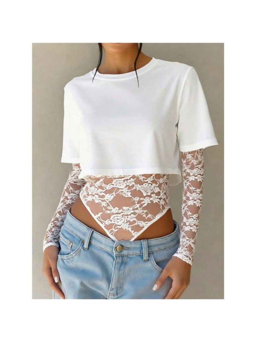 Full Size Lace Patchwork Round Neck Bodysuit Plus Size